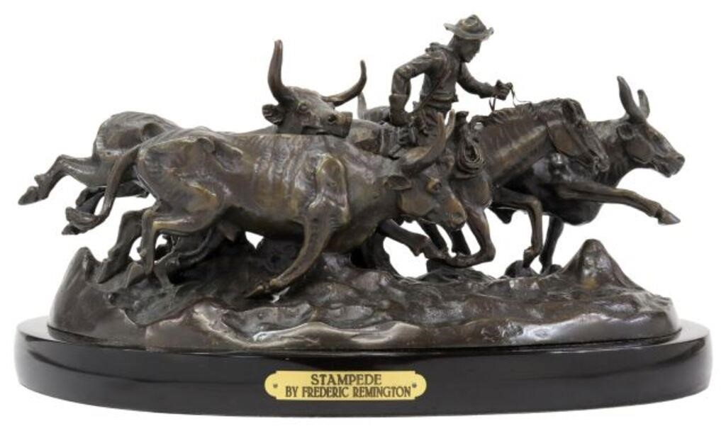 Appraisal: Western patinated bronze sculpture The Stampede after the original by