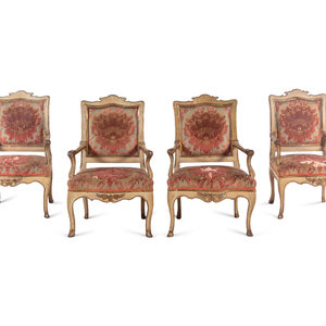 Appraisal: A Set of Four Italian Cream-Painted and Parcel Gilt Armchairs