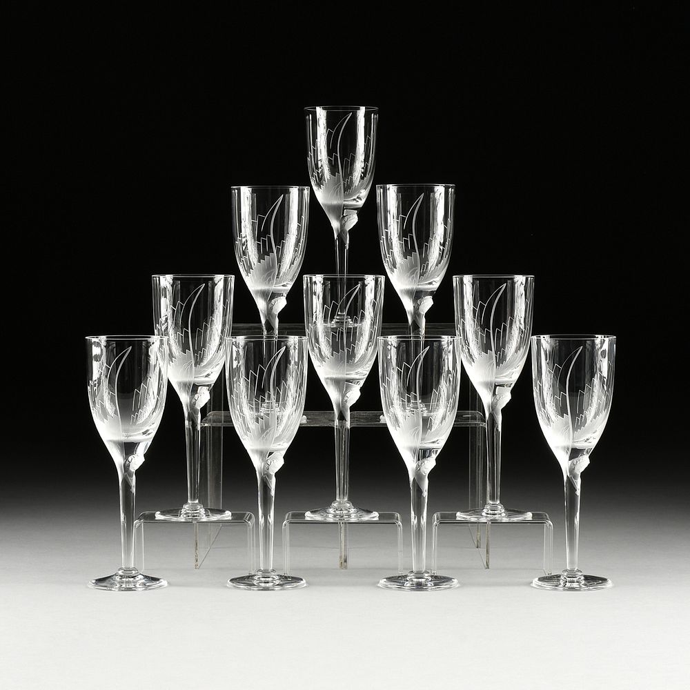 Appraisal: A SET OF TEN LALIQUE ANGE CRYSTAL CHAMPAGNE FLUTES -