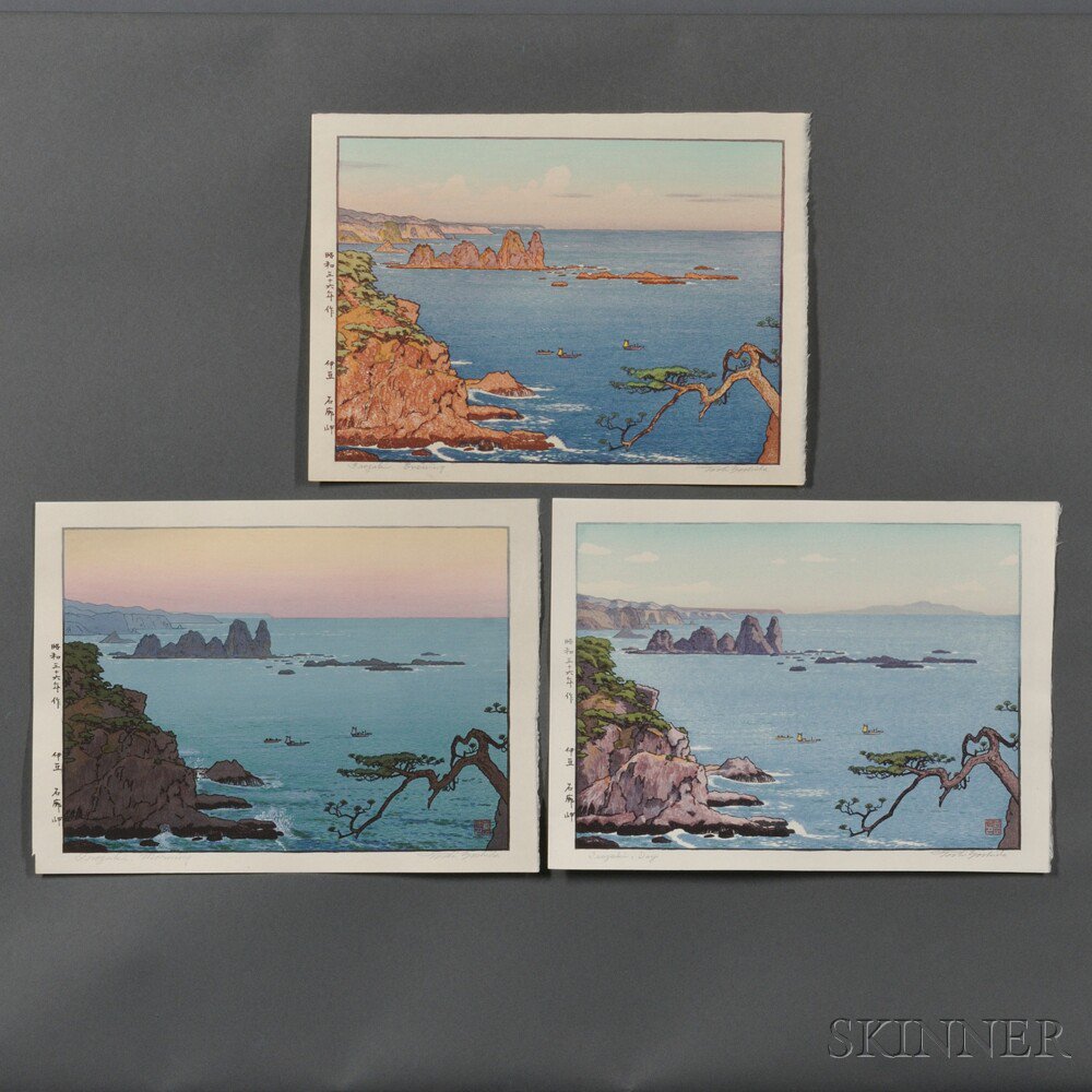 Appraisal: Toshi Yoshida - Three Color Woodblock Prints Japan Irozaki Morning