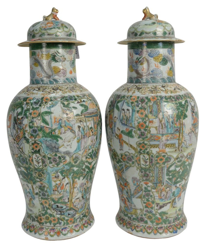 Appraisal: Pair of Chinese Porcelain Jars having painted panels of courtyard