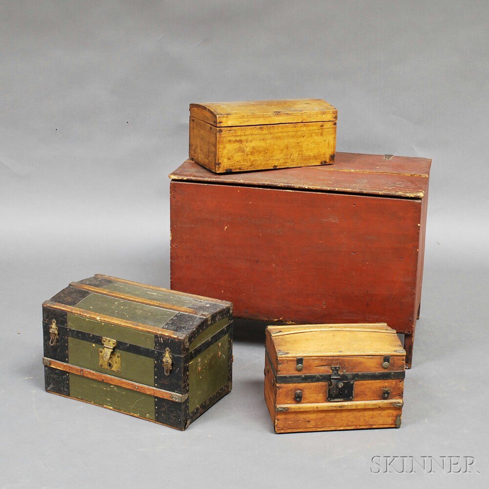 Appraisal: Three Boxes and a Chest a red-painted chest on shaped