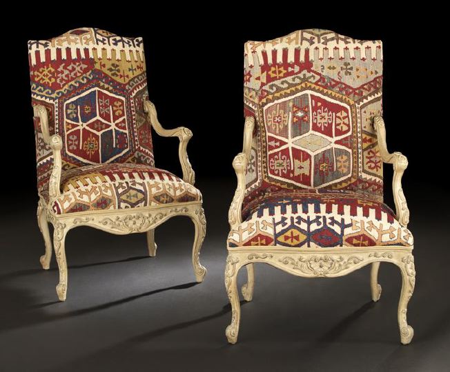 Appraisal: Pair of Louis XV-Style Polychromed Fauteuils a la Reine each