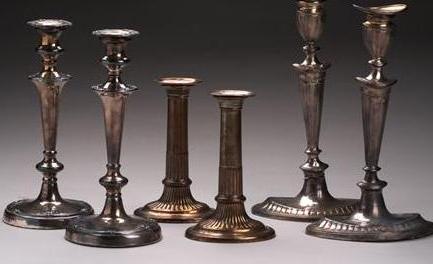 Appraisal: THREE PAIR OF ENGLISH SHEFFIELD PLATE AND SILVERPLATE CANDLESTICKS EARLY-MID