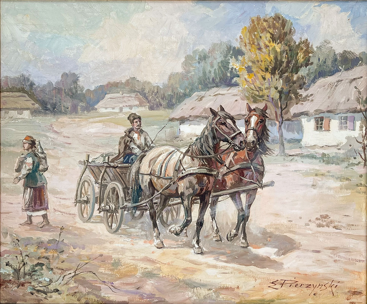 Appraisal: PIERZYNSKI Edward Polish b Village Landscape with Horse-Drawn Cart and