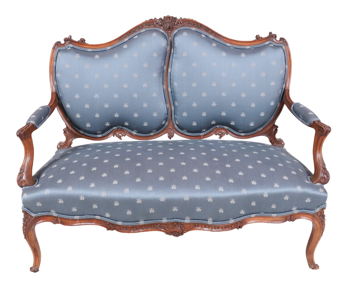 Appraisal: French style carved walnut serpentine settee carved floral decoration blue