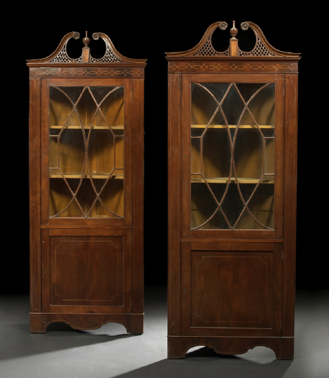 Appraisal: Pair of American Colonial Revival Line-Inlaid Mahogany Corner Cabinets in