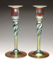 Appraisal: PAIR STEUBEN GOLD AURENE CANDLESTICKS Iridescent gold coloring with blue