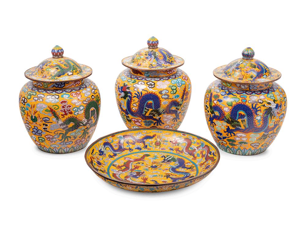 Appraisal: Four Chinese Yellow Ground Cloisonne Enameled Vessels Four Chinese Yellow