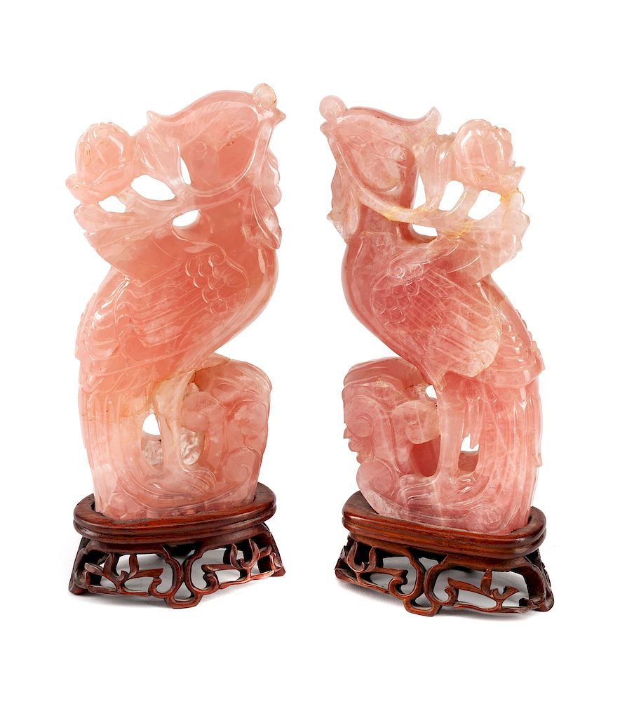 Appraisal: A Pair of Chinese Carved Rose Quartz Birds A Pair