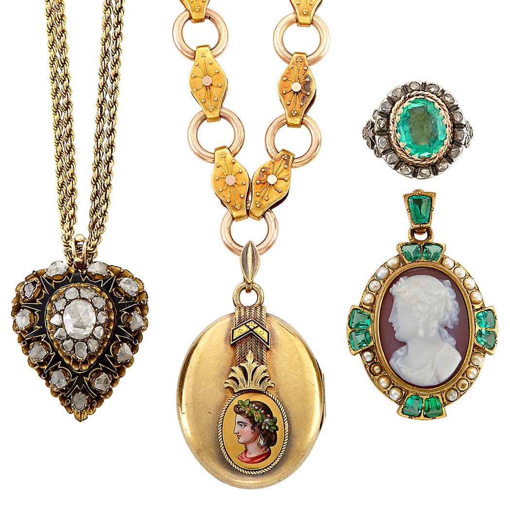 Appraisal: Group of Antique Gold Diamond Emerald and Hardstone Cameo Jewelry