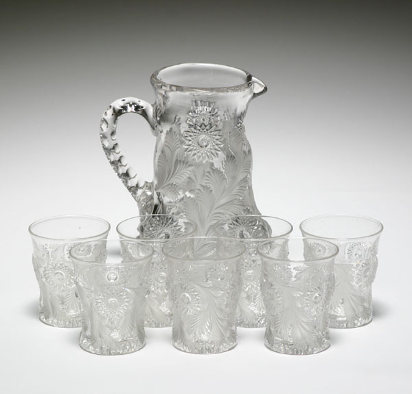 Appraisal: pc Millersburg frosted Hobstar and Feather water set includes pitcher