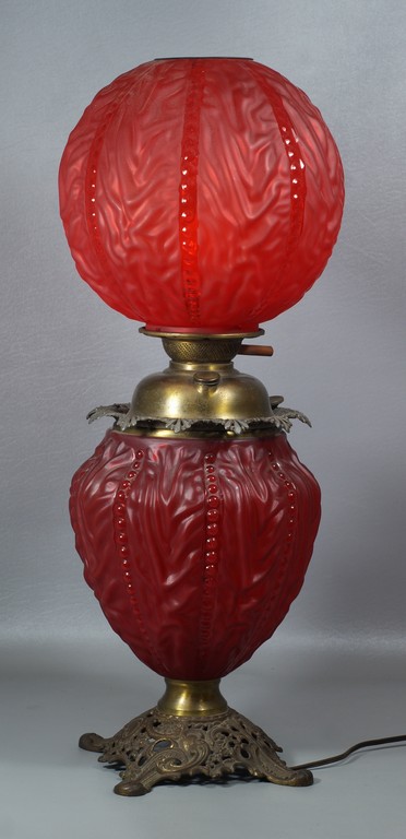 Appraisal: Red satin glass GWTW lamp electrified h plus chimney