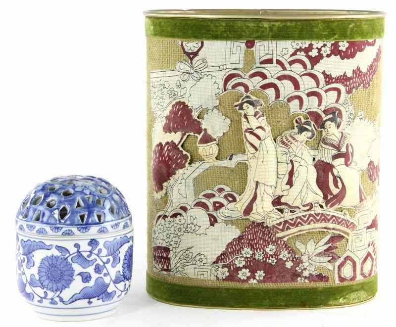 Appraisal: Two Asian Decorative Itemsincluding a waste bin with Geisha girl