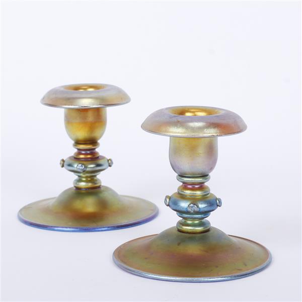 Appraisal: Pair Steuben gold aurene art glass candlesticks applied button accents