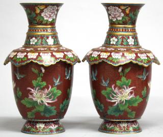 Appraisal: Pair of Chinese Red Cloisonne Yen The bodies with camellias