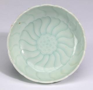 Appraisal: Chinese celadon lotus saucer w Chinese celadon lotus saucer the