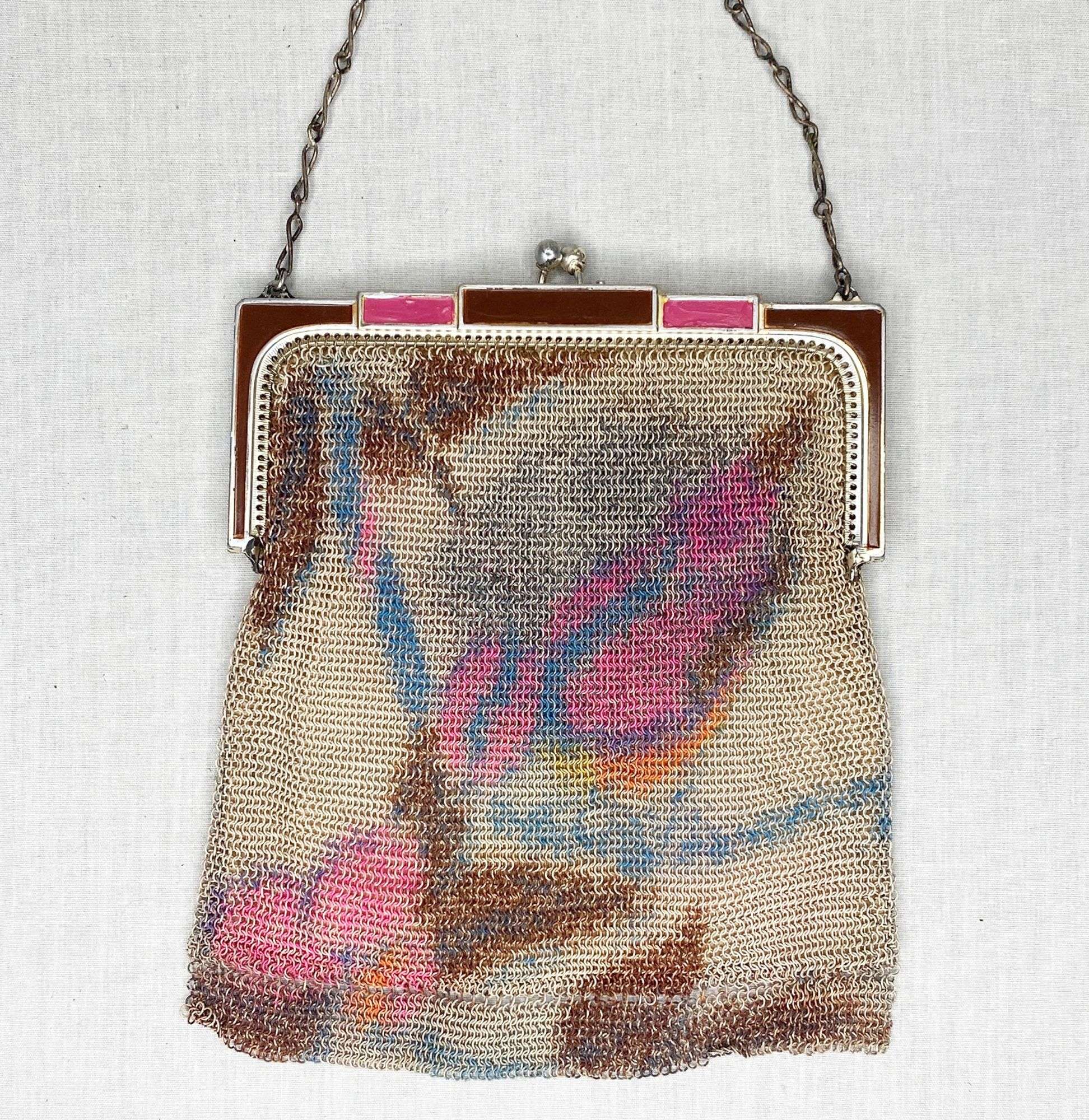 Appraisal: Whiting Davis Enameled Dresden Mesh Hand Bag long wide Condition