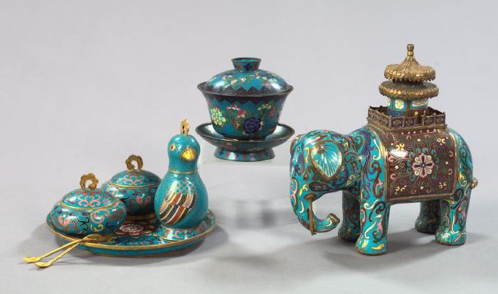 Appraisal: Six-Piece Collection of Cloisonne consisting of a Kuang Hsu turquoise-ground