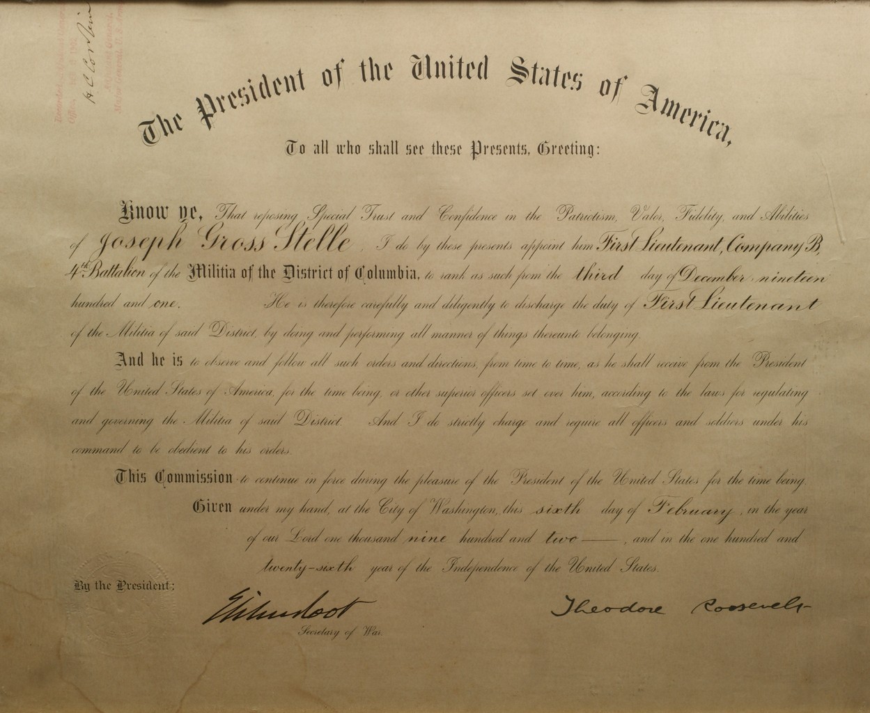 Appraisal: Theodore Roosevelt President of the United States signed document Officer's