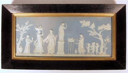 Appraisal: Wedgwood porcelain plaqueThe rectangular blue and white plaque depicting maidens