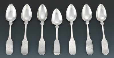 Appraisal: Seven Coin Silver Teaspoons Signed J Lowe Fiddle design teaspoons