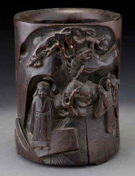 Appraisal: Chinese early Qing carved bamboo brush potdepicting three immortals in