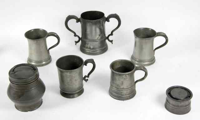 Appraisal: Five th Century pewter mugs an inkwell and a tobacco