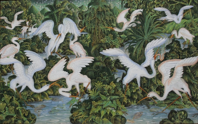 Appraisal: W Subrata Thirteen Herons Feeding circa acrylic on canvas signed