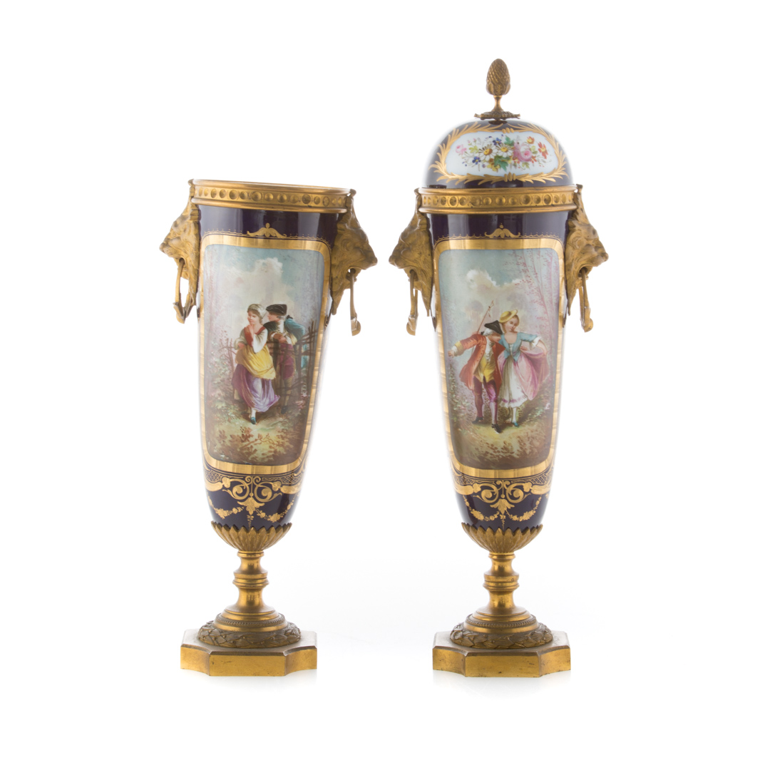 Appraisal: Pair French gilt-metal-mounted bleu de roi urns second half- th