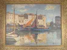 Appraisal: An oil on canvas depicting a harbour scene by Josue