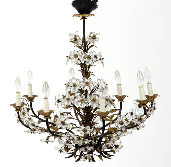 Appraisal: A Continental tole and crystal eight light chandelier height in