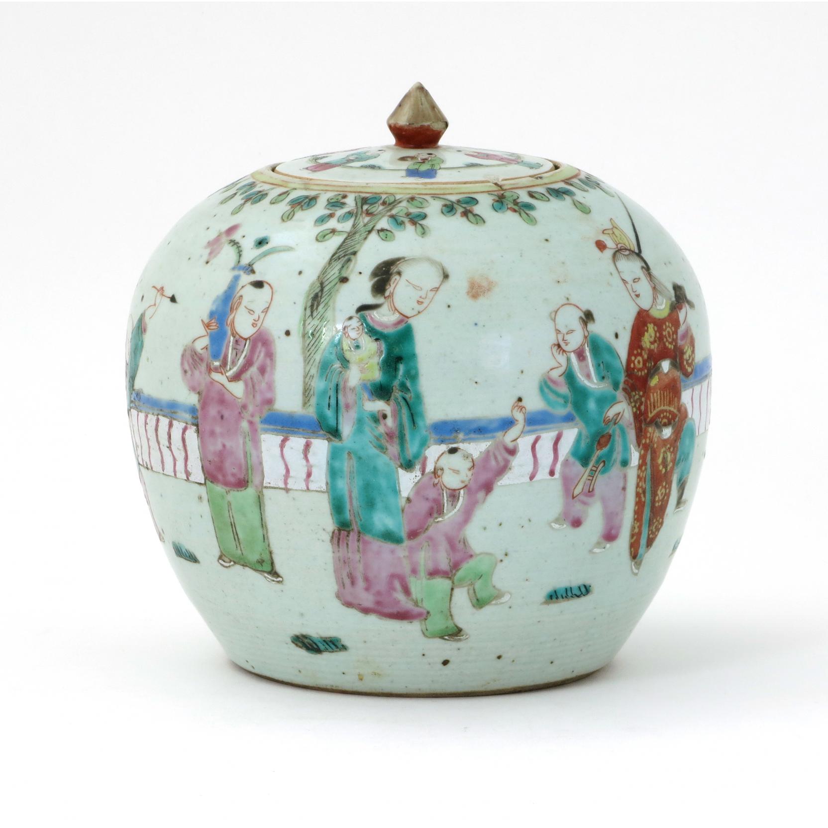 Appraisal: Chinese Export Porcelain Lidded Ginger Jar th century depicting children