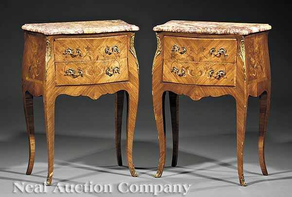 Appraisal: A Pair of Louis XV-Style Fruitwood Parquetry Petite Commodes th