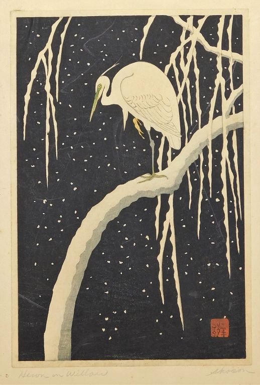 Appraisal: Koson Ohara Egret on Snowy Branch Woodblock Print Koson Ohara