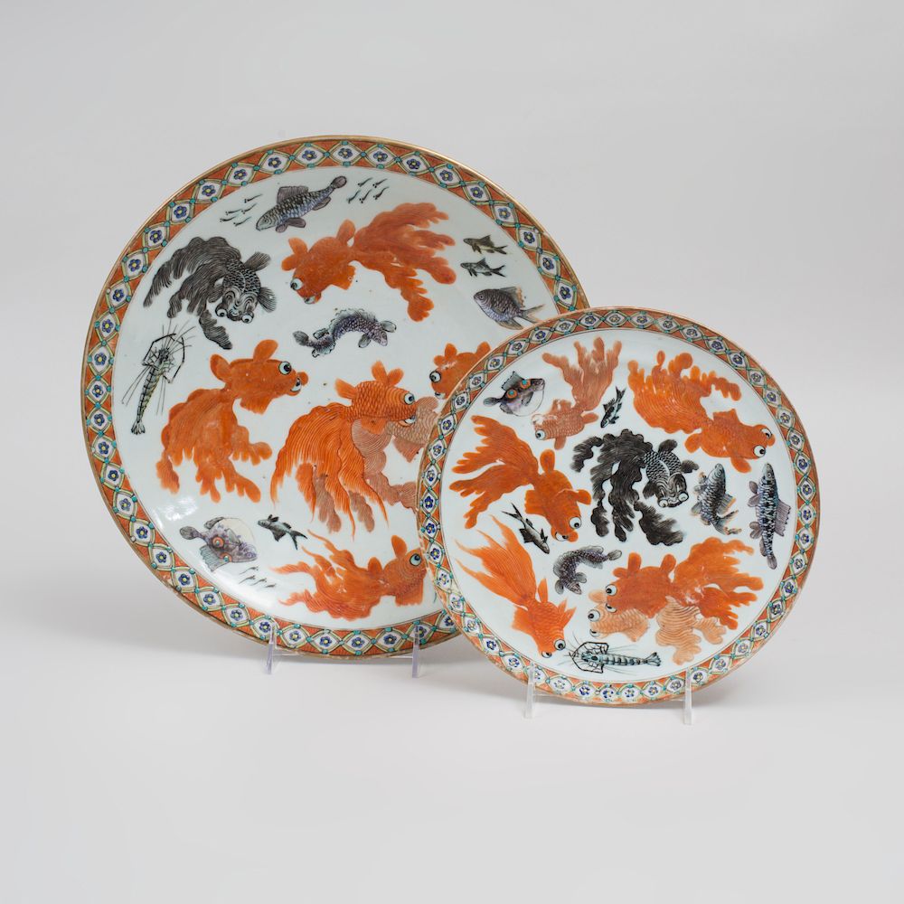 Appraisal: Two Chinese Iron Red Imari Plates Decorated with Fish The