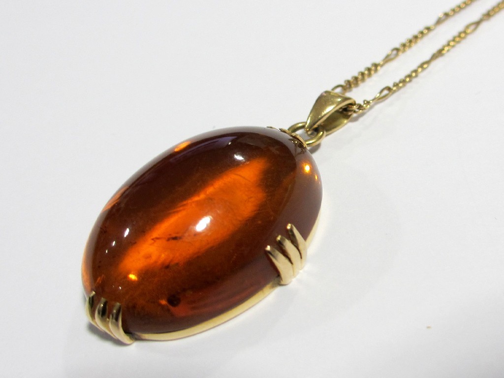 Appraisal: An oval amber pendant x cm in ct gold mount