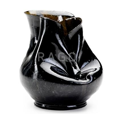 Appraisal: GEORGE OHR Bulbous pinched pitcher black glaze with melt fissures