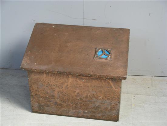 Appraisal: Liberty style beaten copper coalbox the top with green enamelled