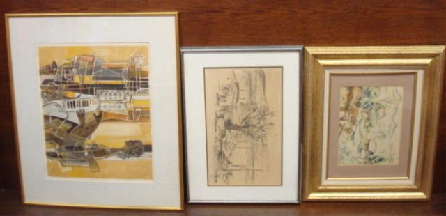 Appraisal: paintings signed illegibly print possibly watercolour possibly drawing All signed