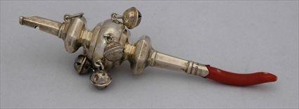 Appraisal: ENGLISH SILVER RATTLE WITH CORAL TEETHING BAR G U S