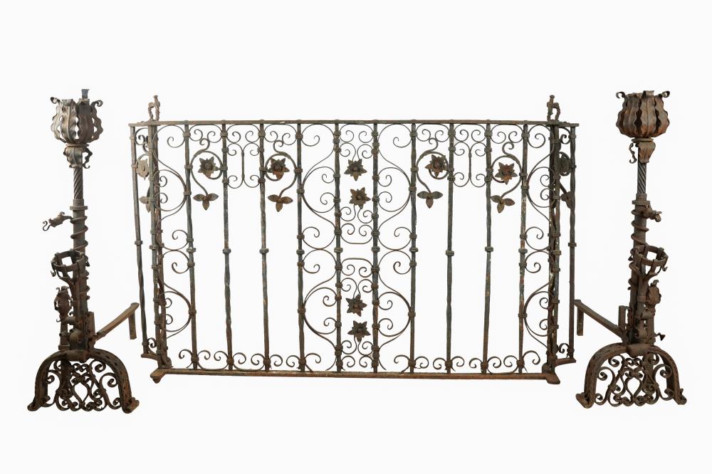 Appraisal: SPANISH REVIVAL WROUGHT IRON FIRESCREEN ANDIRONSCondition rust and loss of