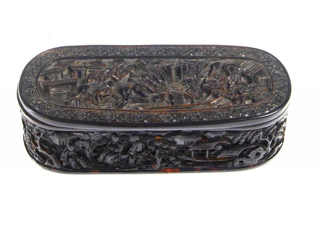 Appraisal: A CHINESE TORTOISESHELL SNUFF BOX with silver hinge carved with