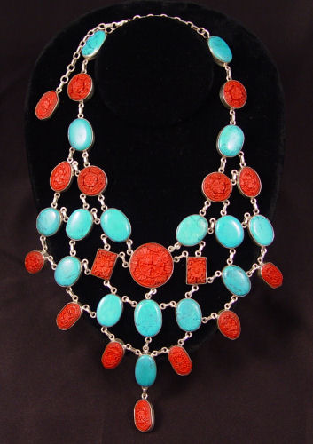 Appraisal: STERLING TURQUOISE DYED STONE BIBB NECKLACE Sterling silver bib necklace