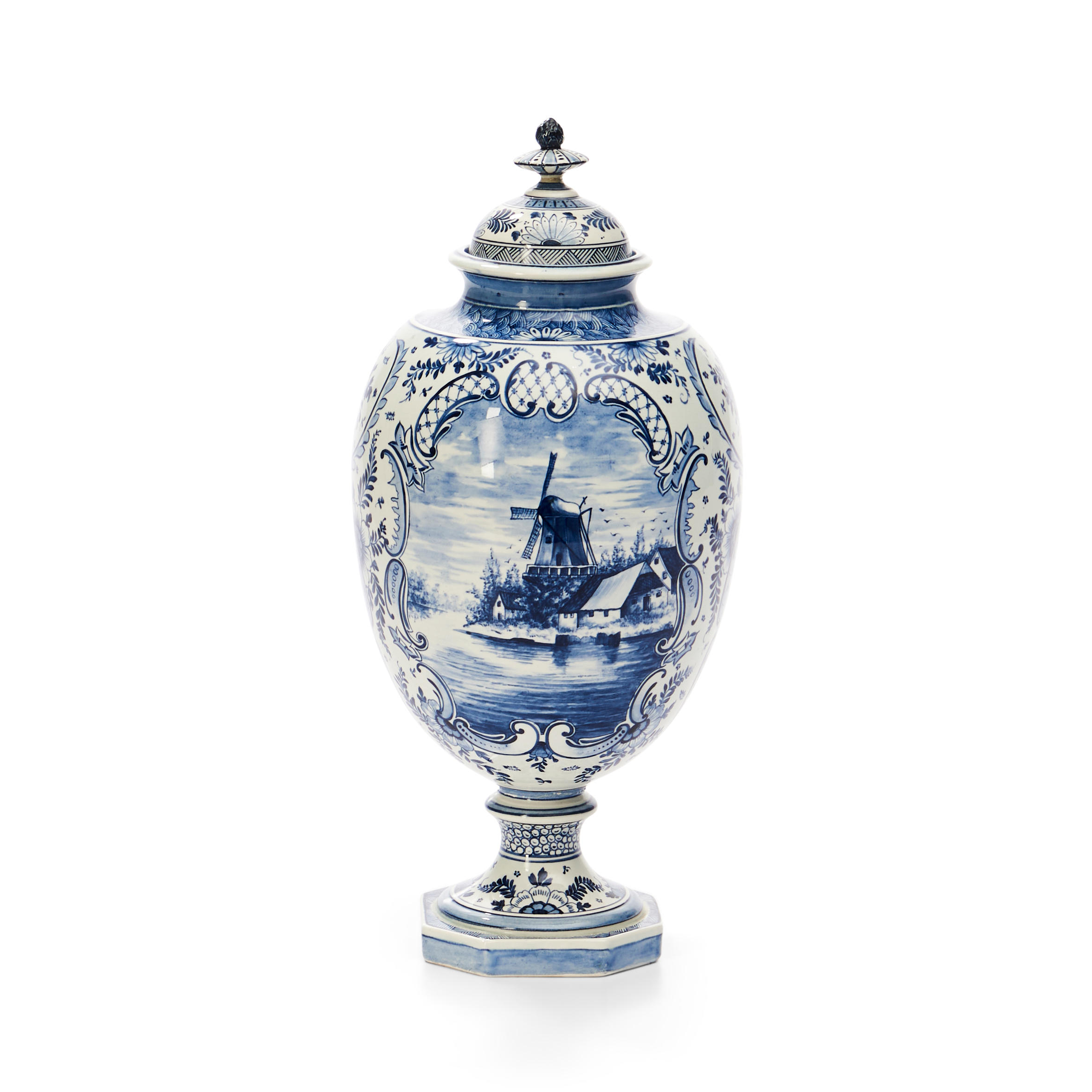 Appraisal: ROYAL BONN DELFT COVERED BLUE AND WHITE PORCELAIN URN with