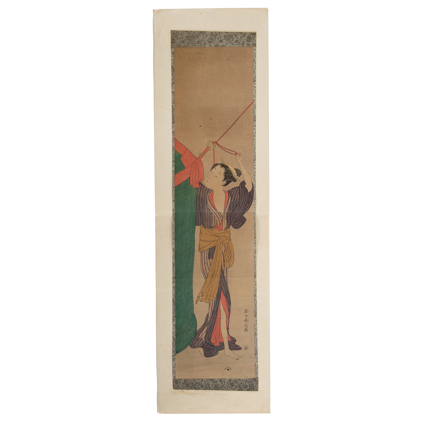 Appraisal: SUZUKI HARNOBU WOMAN HANGING MOSQUITO NETTING WOODBLOCK PRINT Japanese -