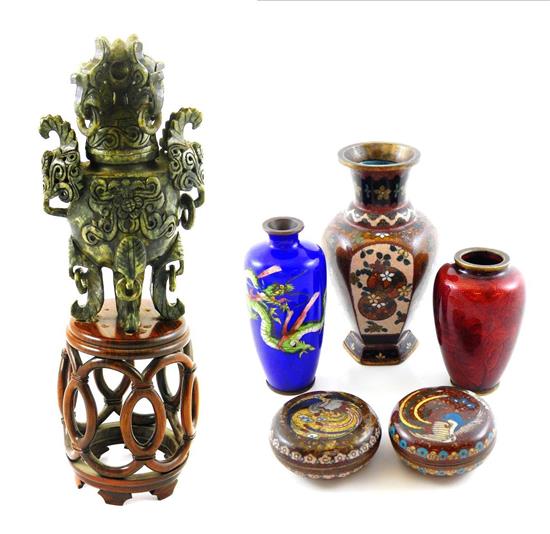 Appraisal: ASIAN Six pieces including five cloisonne vases and one hardstone