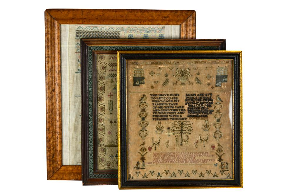 Appraisal: THREE FRAMED NEEDLEWORK SAMPLERSthe first signed Emma Cooper and dated