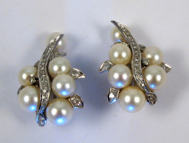 Appraisal: PEARL AND DIAMOND CLIP ON EARRINGS each k white gold