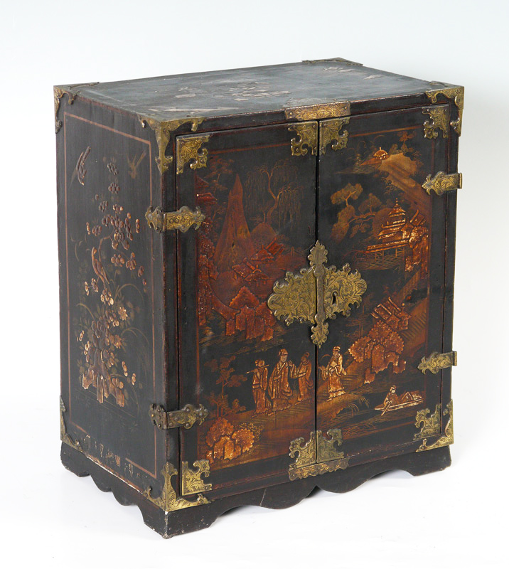 Appraisal: TH CENTURY CHINOISERIE SPICE CABINET Chinoiserie decorated with typical Japanese